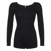 Solid Color Casual Pocket Rib Stitching Long Sleeve Romper Early